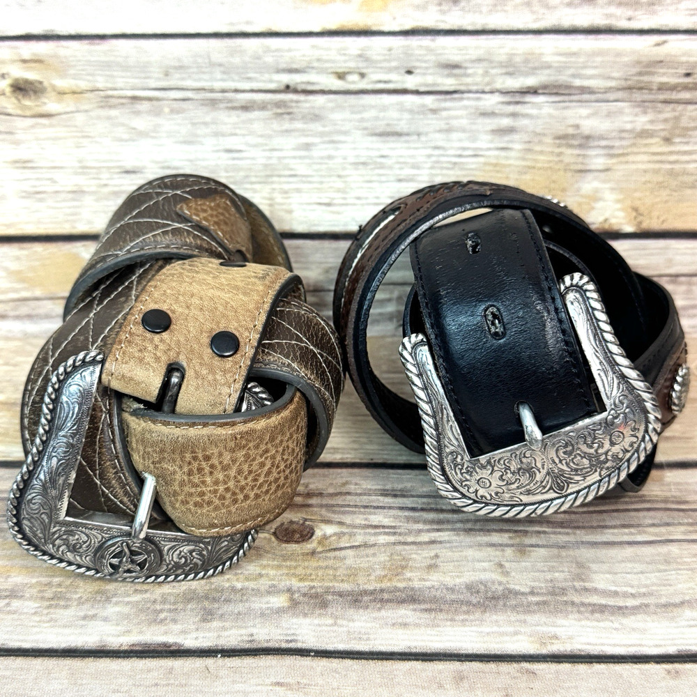 2 Mens Larry Mahan Genuine Leather Western Cowboy Belts w/ Buckles Size 36